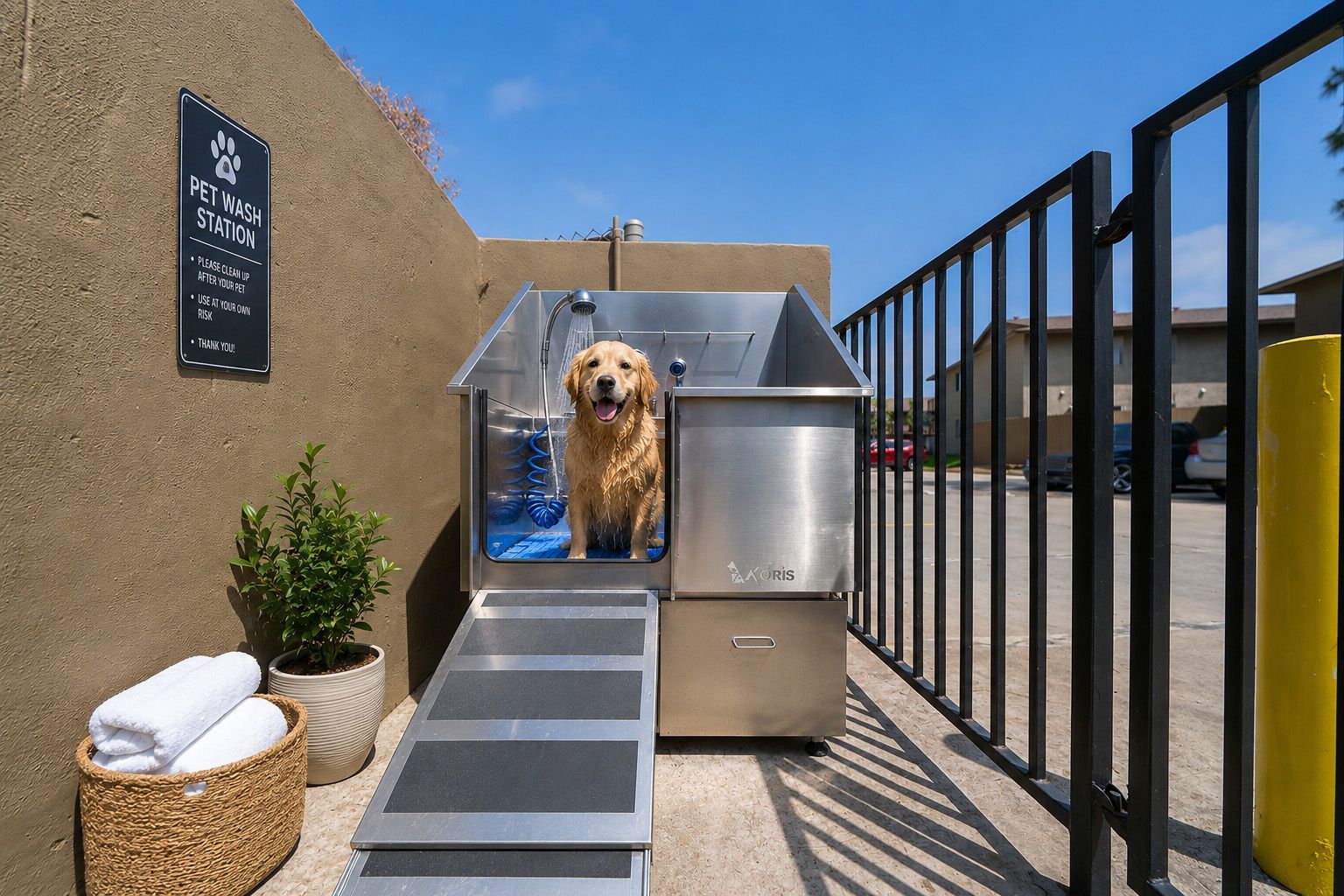 Golden retriever standing at an outdoor pet wash station beside a metal tub and hose