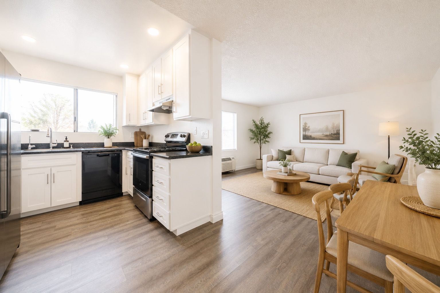 Bright open kitchen and dining area with white cabinets, wood floors, and a cozy living space beyond.