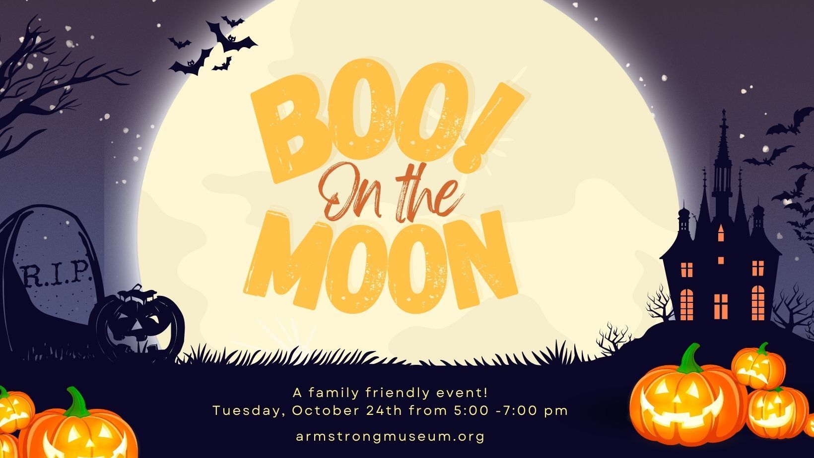 A Halloween poster with pumpkins and a haunted house and the words 