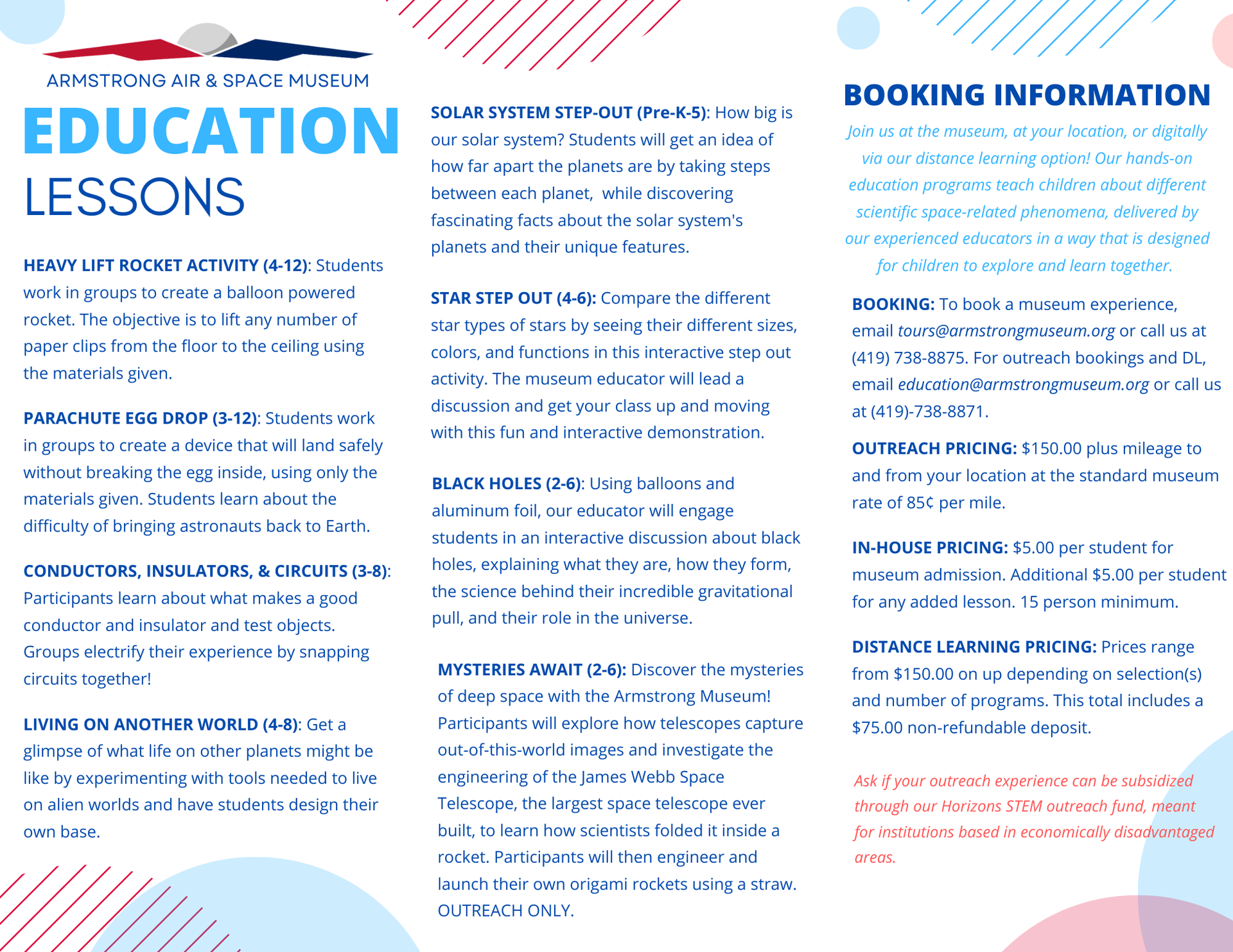 A brochure for distance learning lessons in house and outreach lessons