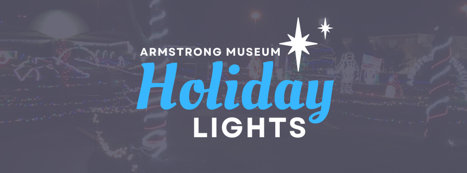 The logo for the Armstrong Museum holiday lights is blue and white.