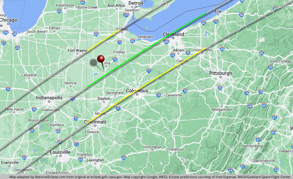 A map of the united states showing the path of the 2024 solar eclipse