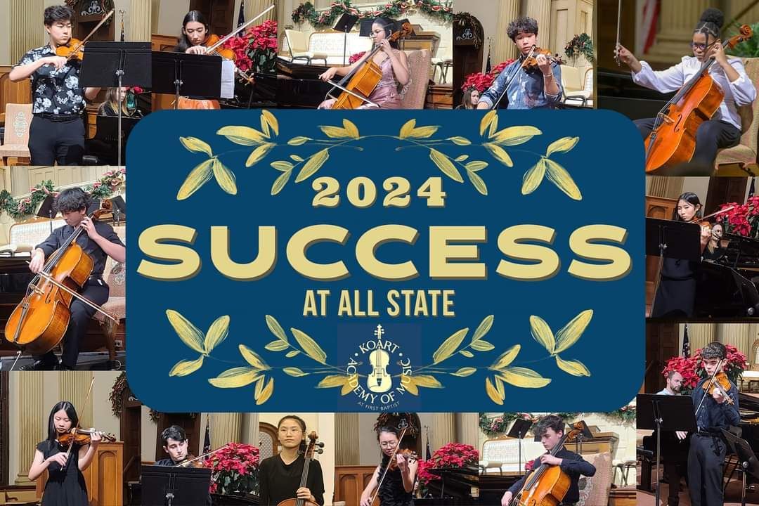 A group of Koart Academy Students playing instruments with a banner that says