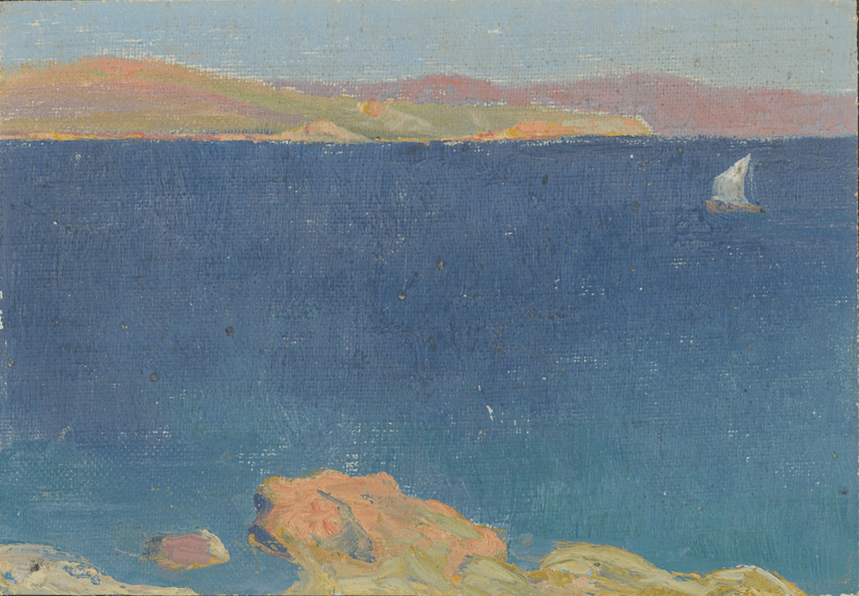 Meerlandschaft mit Segelboot, Öl auf Leinwand, von Bô Yin Râ Meerlandschaft mit Segelboot, Öl auf Leinwand, von Bô Yin Râ
