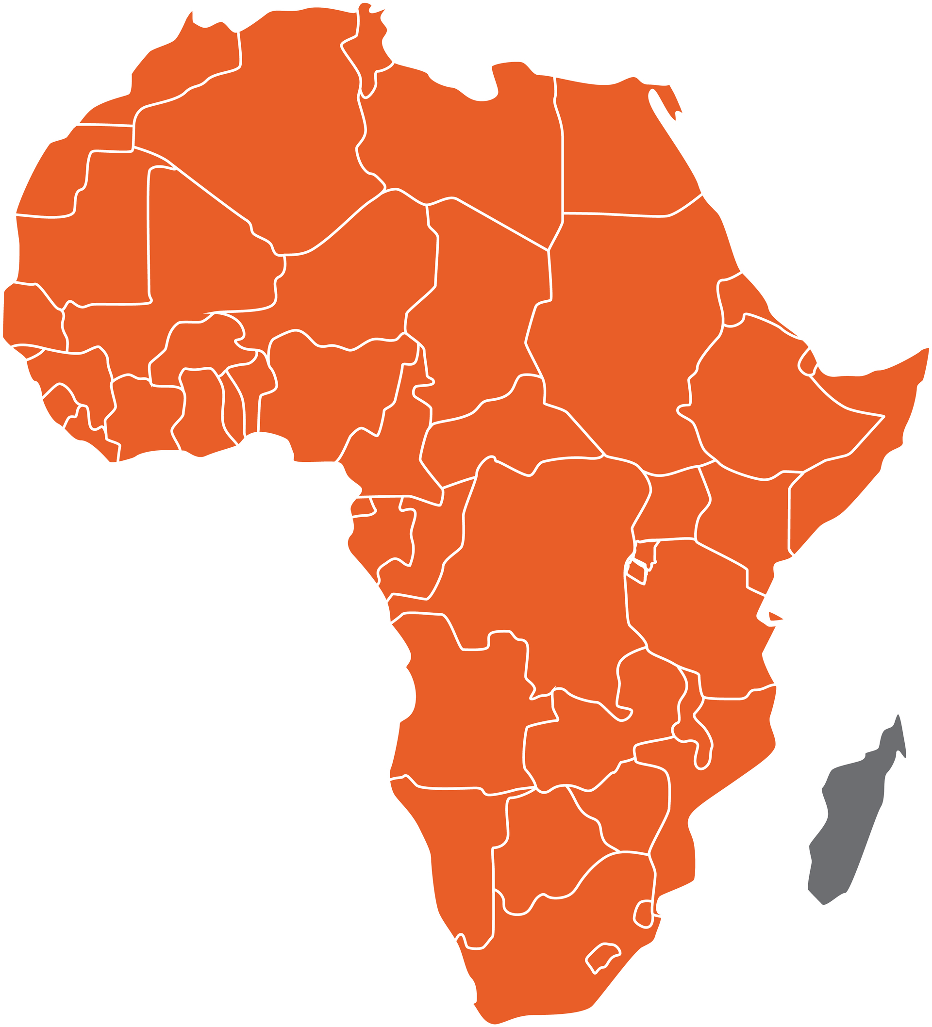 Orange outline of the African continent, with Madagascar in gray.