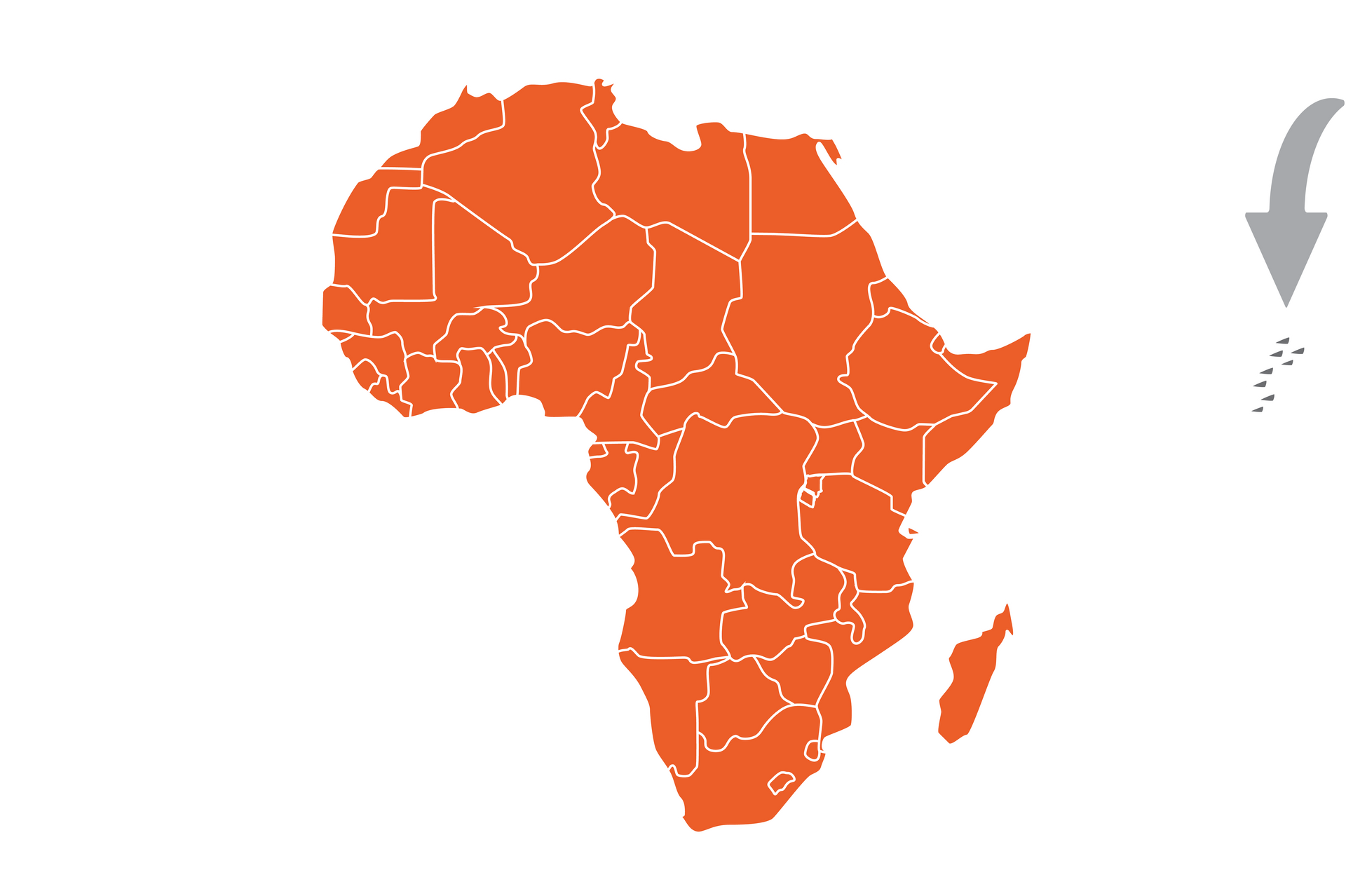 Orange map of Africa with several smaller islands to the right.