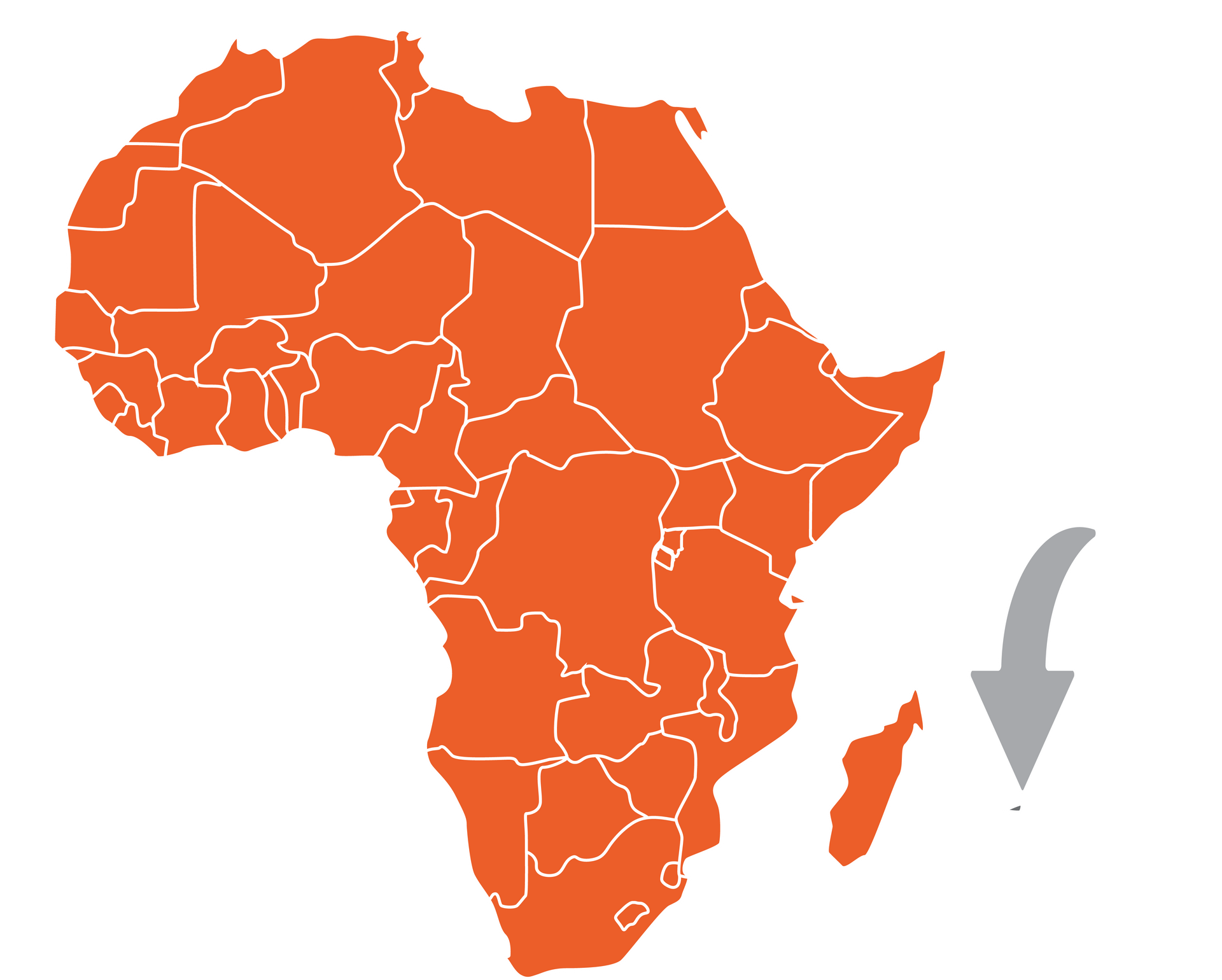 Orange map of Africa with a gray arrow pointing toward Madagascar.
