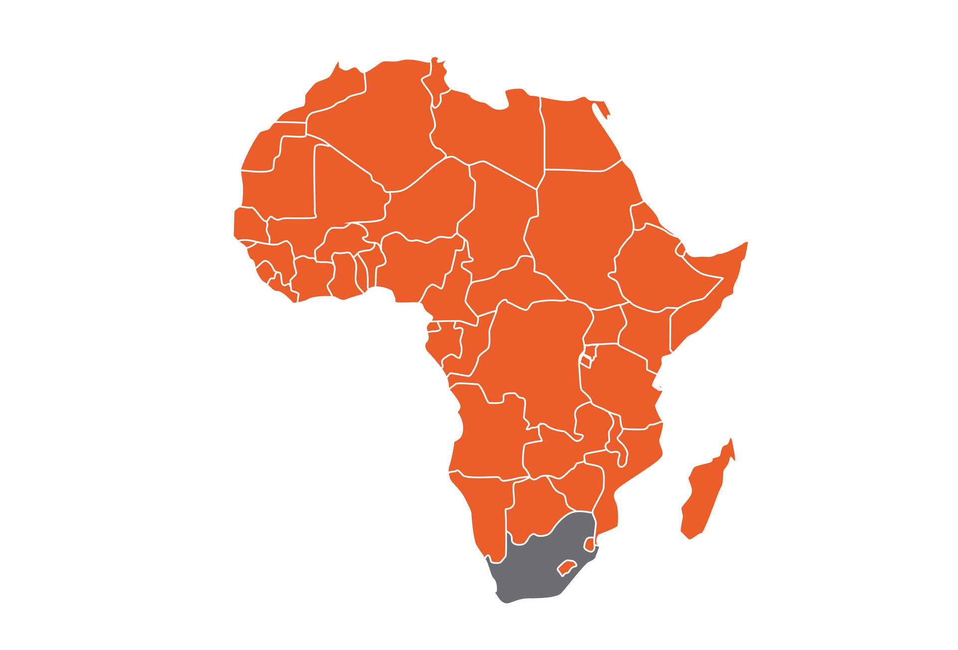 Map of Africa, most of the continent is orange, and South Africa is gray.