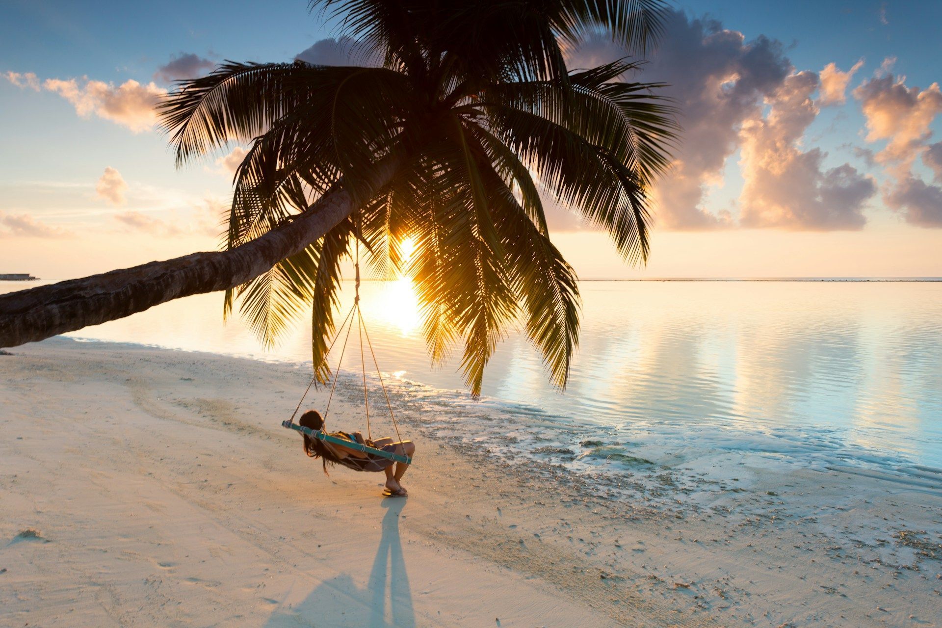 Person swinging under a palm tree on a tropical beach at sunset.