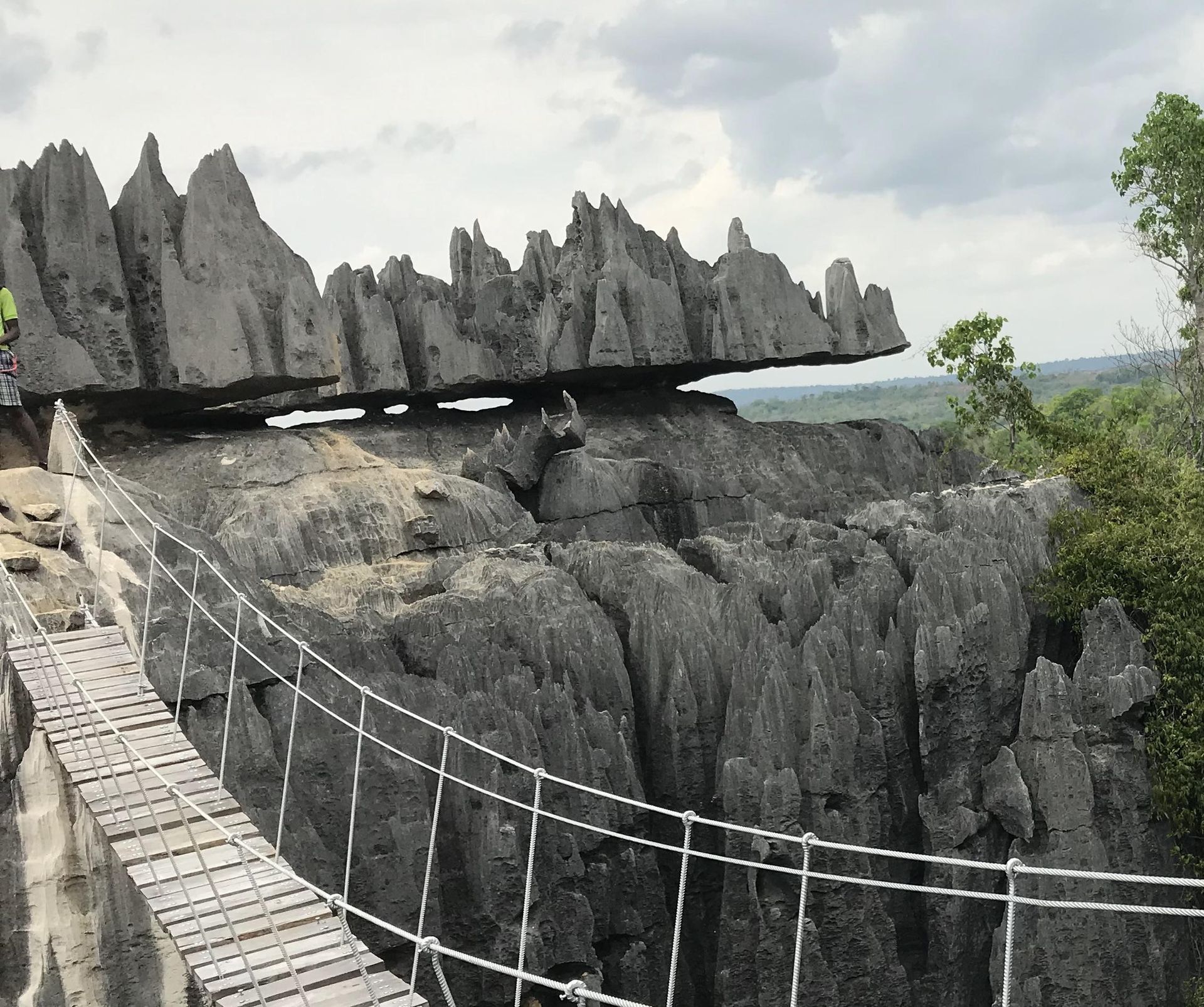 Limestone rock formations with a suspension bridge. Cloudy sky and green vegetation.
