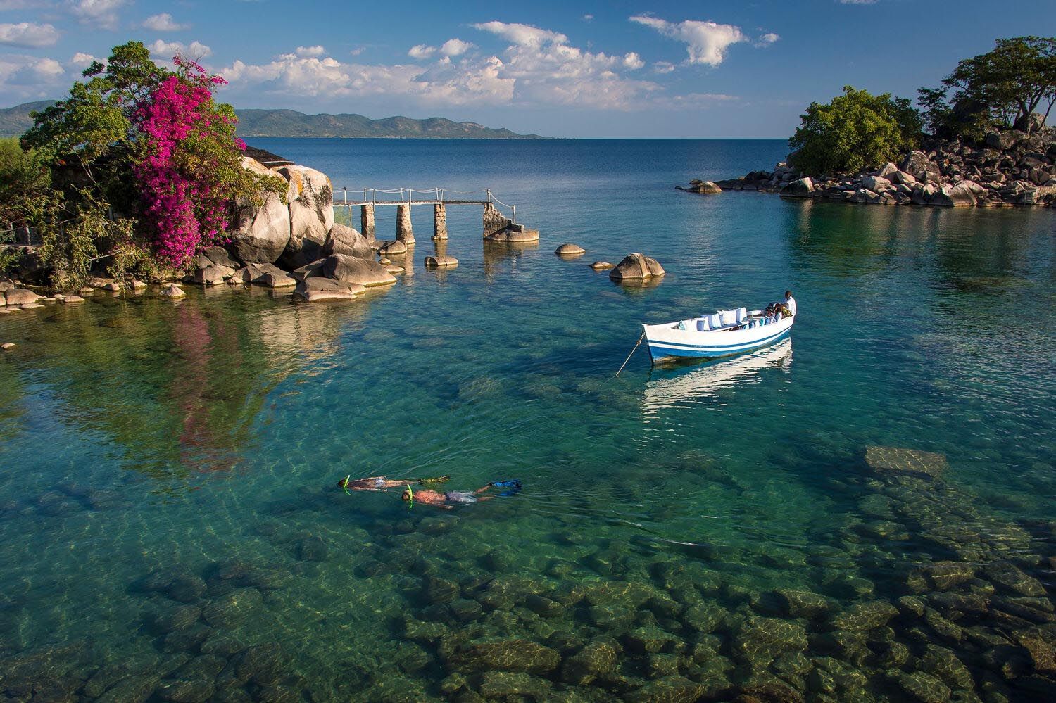 Clear turquoise water with person snorkeling, boat, rocky shore, and flowering tree. Lake Malawi, Africa.
