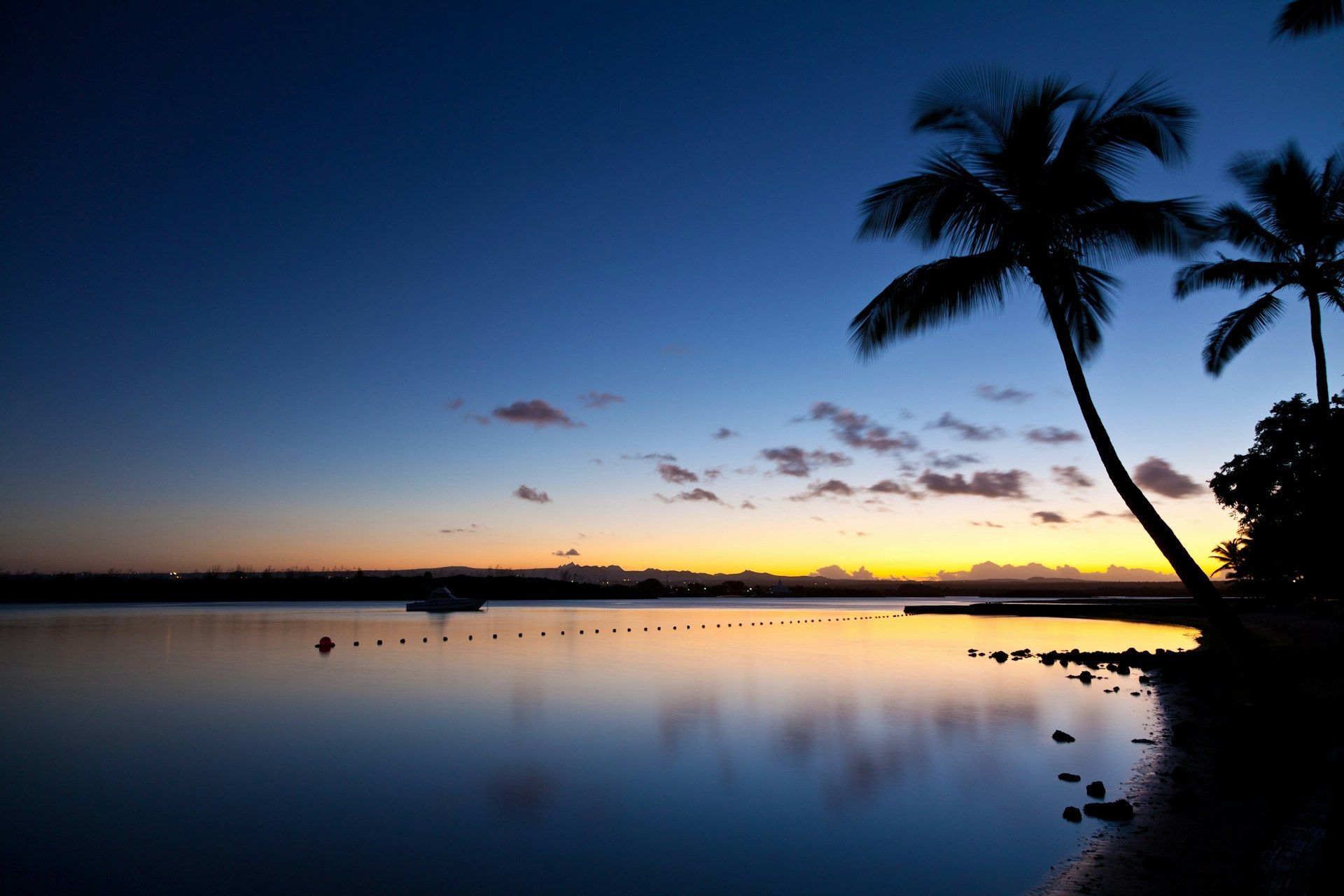 Silhouette of palm trees on a tranquil beach at dusk with a boat and colorful sunset sky reflected in the water.