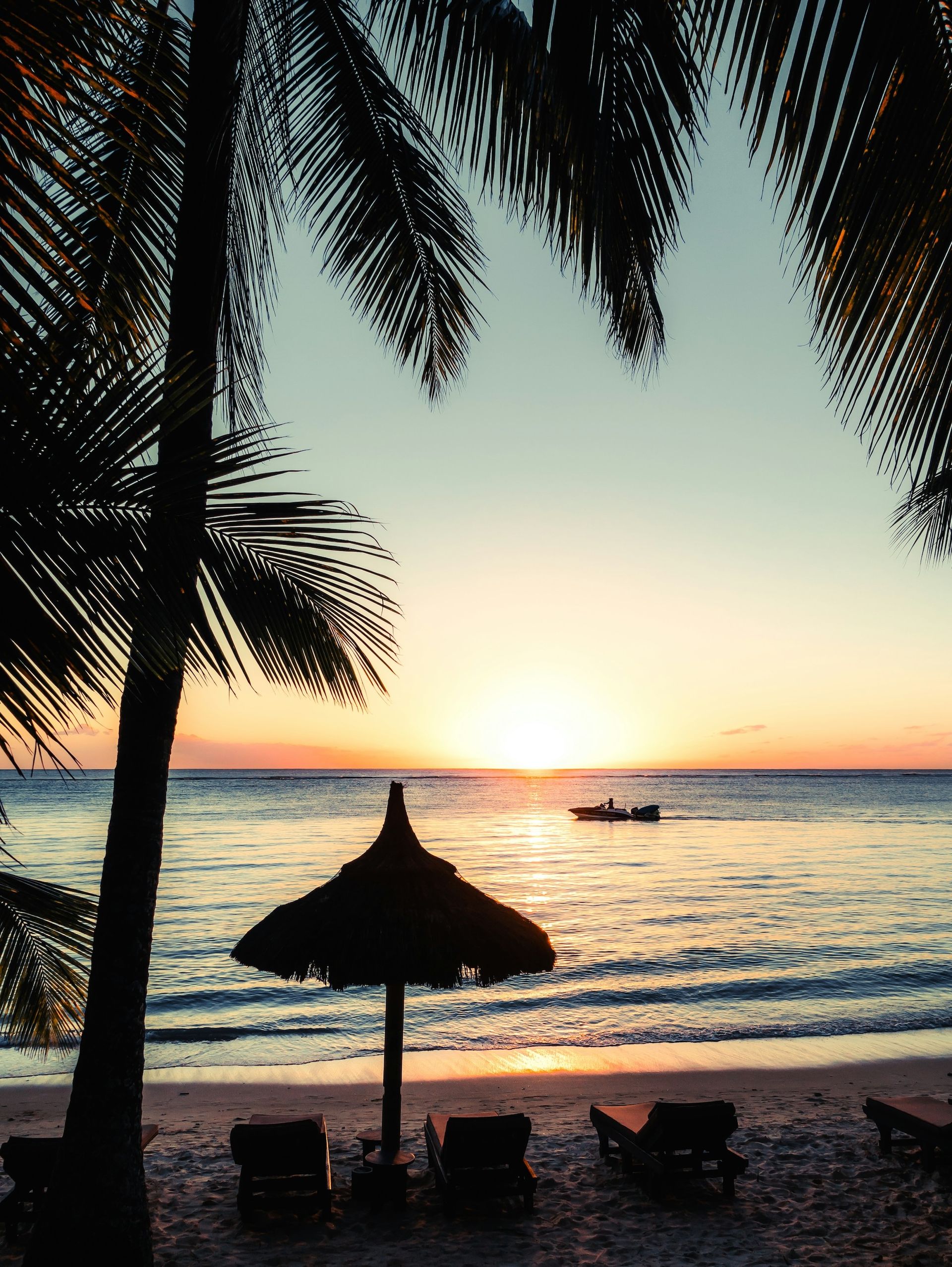 Sunset over a beach with palm trees, thatched umbrella, and ocean.