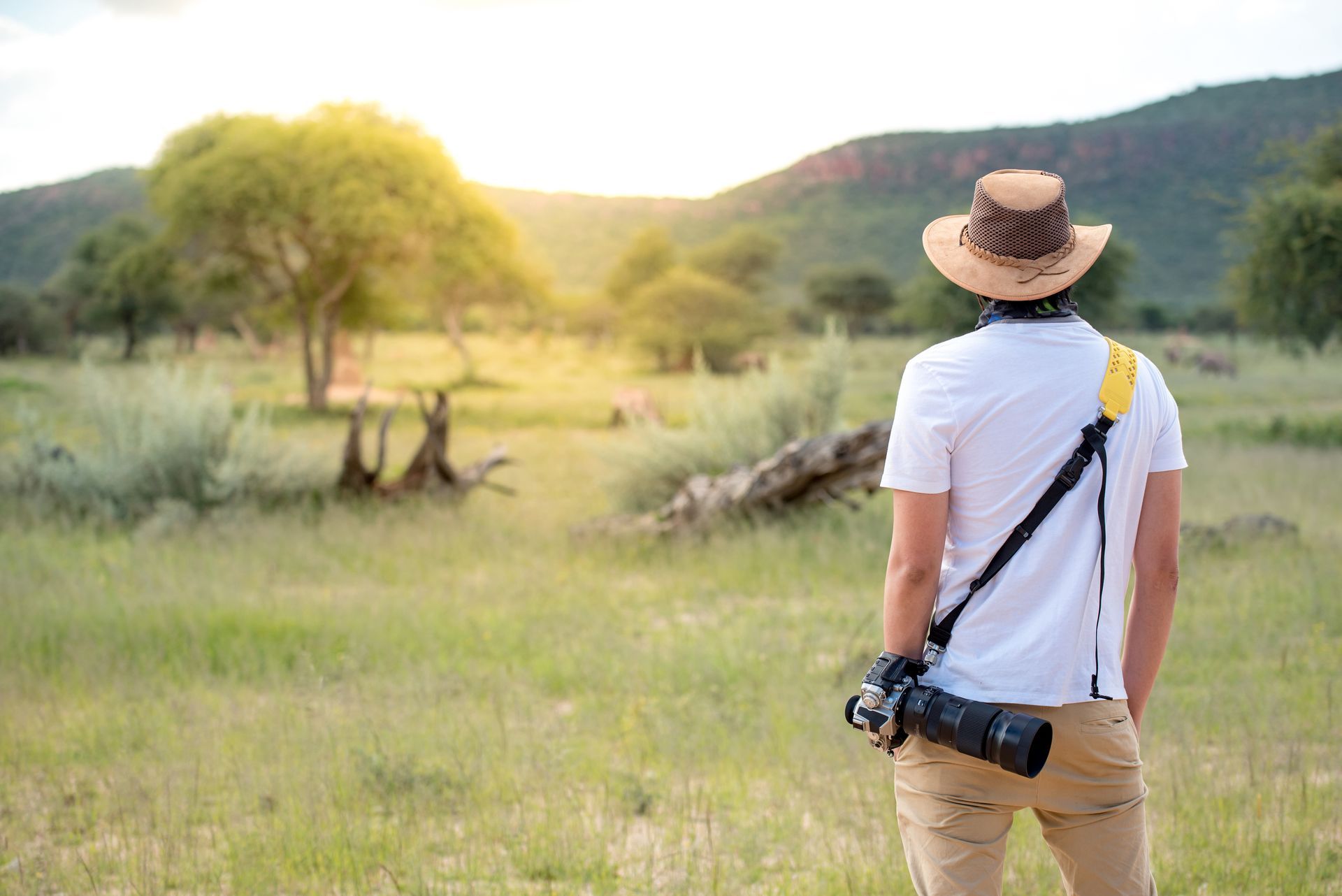 Photographer wearing a safari hat looks at a green landscape with trees, with a camera slung around their neck.
