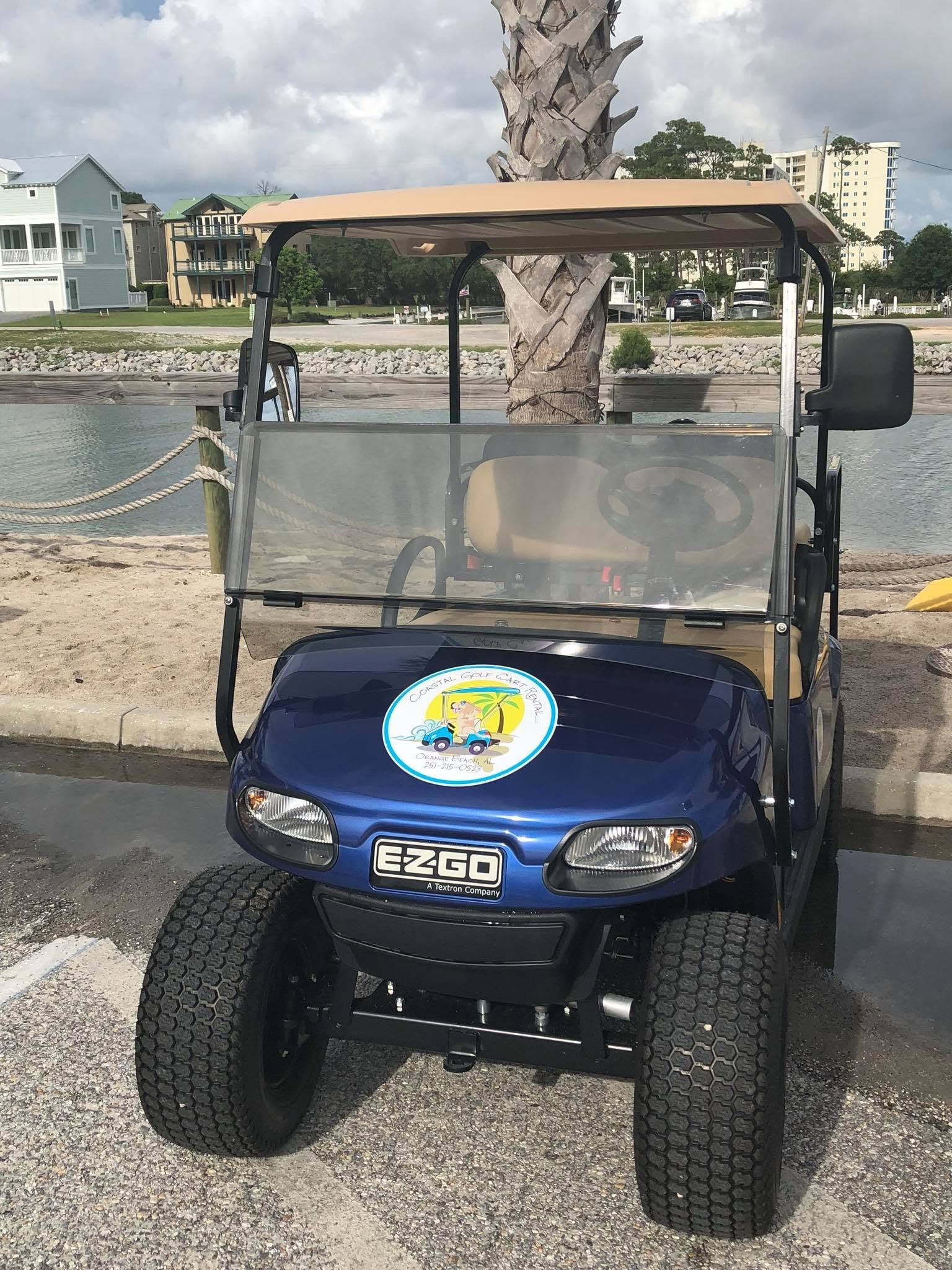 Blue golf cart parked by a waterfront with a palm tree and buildings in the background