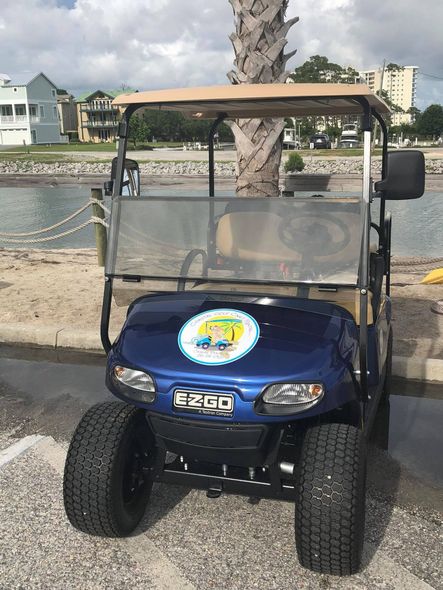 Blue golf cart parked by the waterfront with houses and palm trees in the background