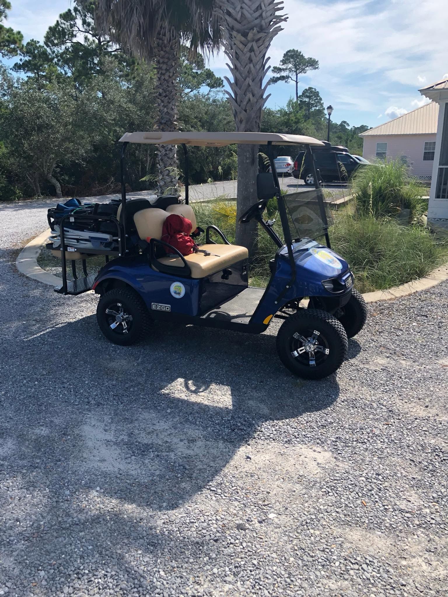 Blue golf cart with canopy parked on a gravel path near palm trees and a building