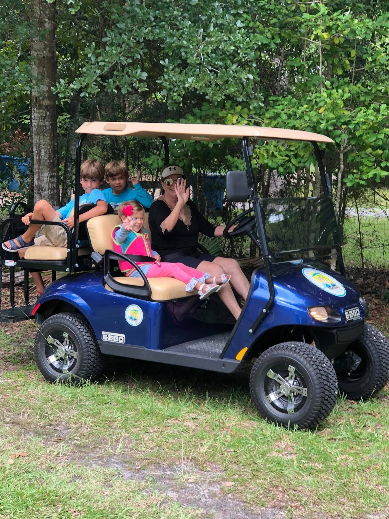 Blue golf cart with several people seated under a canopy on a grassy path by trees