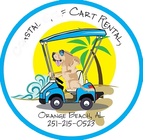 Cart rental logo with a tan dog driving a blue cart, palm tree, waves, and Orange Beach, AL phone number