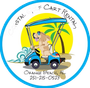 Cart rental logo with a tan dog driving a blue cart, palm tree, waves, and Orange Beach, AL phone number