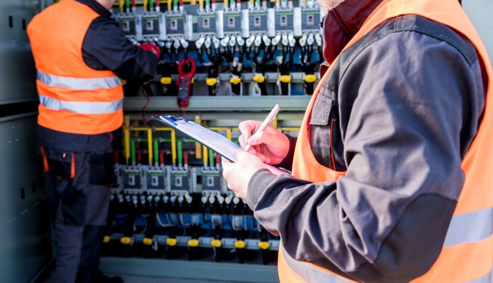 Two workers in orange safety vests inspecting an electrical control panel, one writing on a clipboard.