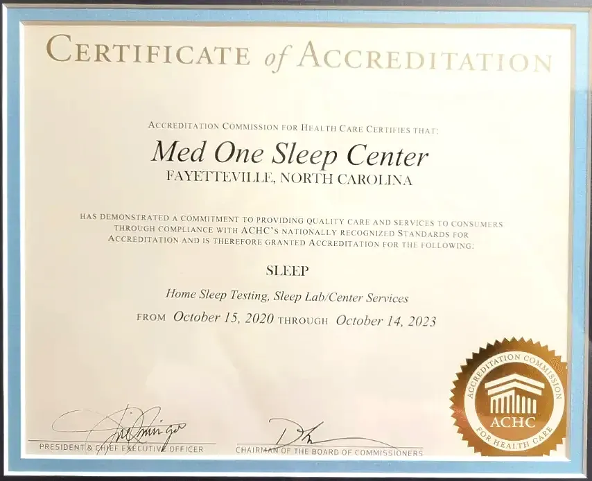 A certificate of accreditation for med one sleep center