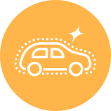 White car icon surrounded by dotted line and sparkle on orange circle.