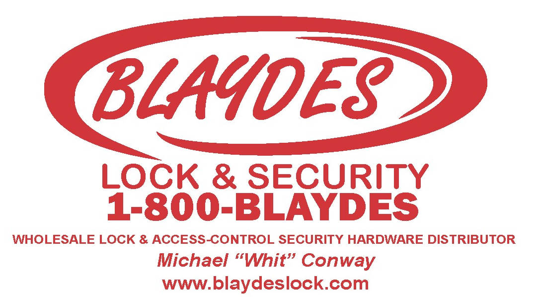 A red and white logo for blaydes lock and security
