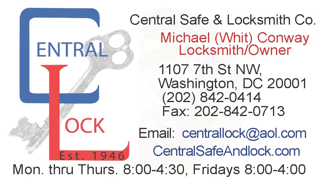 A business card for central safe and locksmith co.