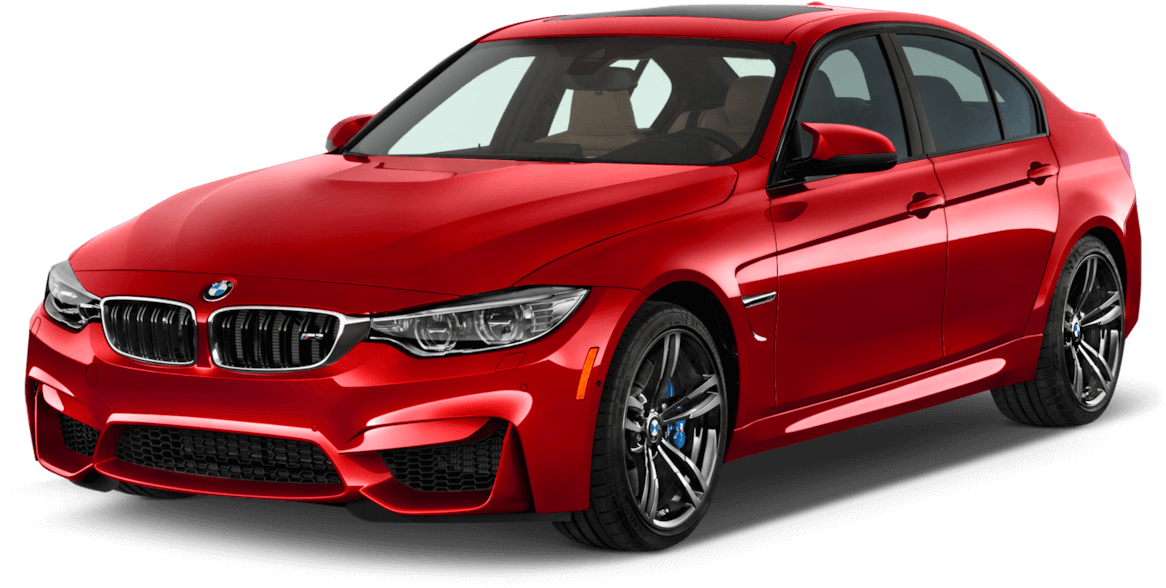 Red BMW sedan on a white background, front three-quarter view