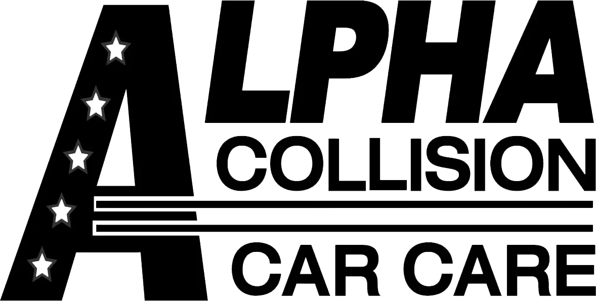 Alpha Collision Car Care logo with a stylized black “A” and stars on white background