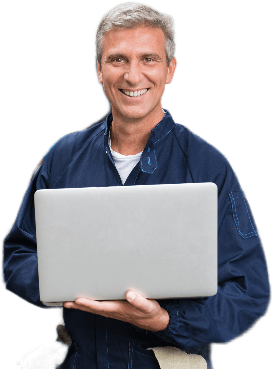 Smiling man in a blue jacket holding an open laptop against a white background