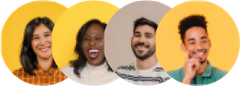 Four smiling people in overlapping circular frames on colorful backgrounds