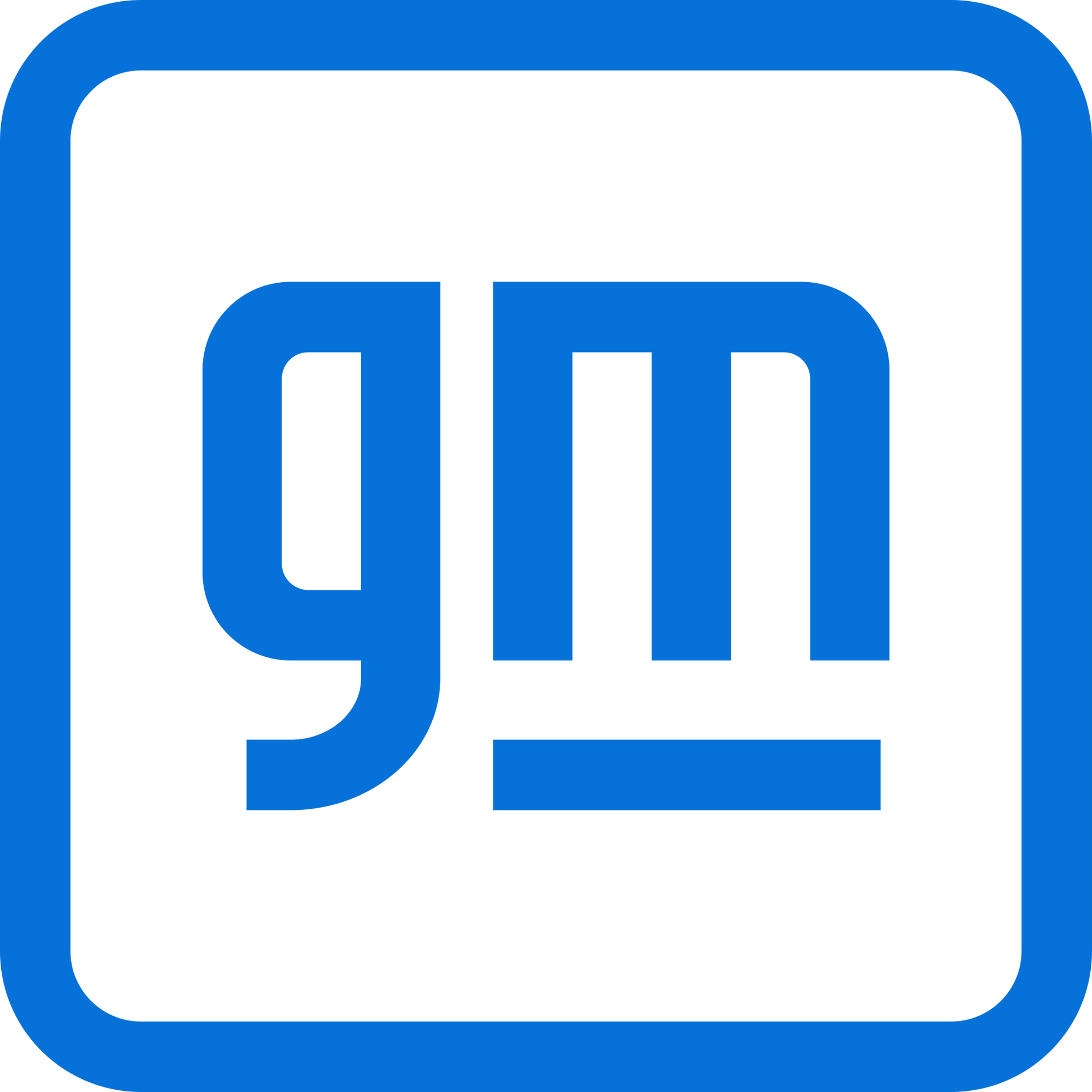 Blue GM logo inside a rounded square border on white background