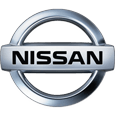 Nissan logo with silver circular emblem and black wordmark on white background