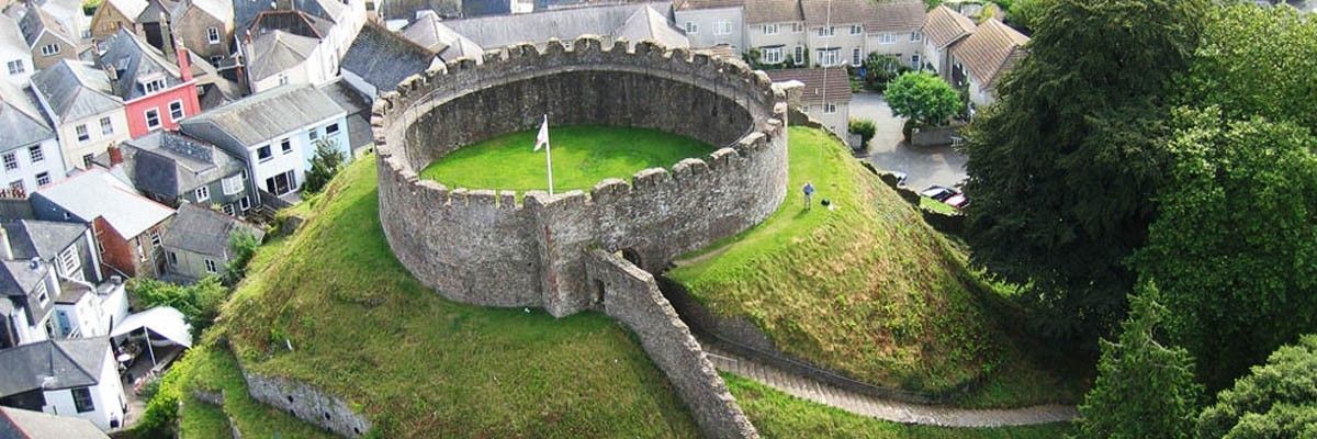 Castle in Totnes, viewed from a drone, in the air.