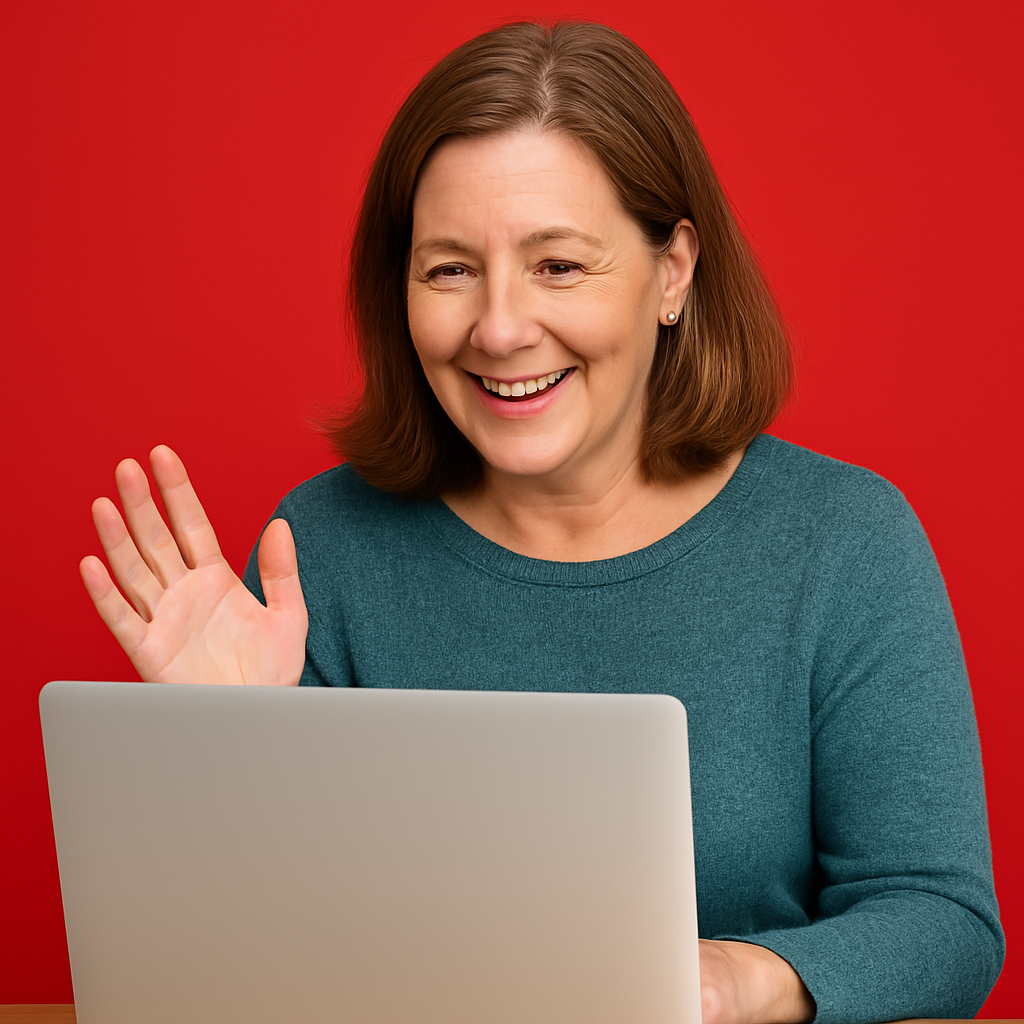 A woman is sitting in front of a laptop computer and waving.