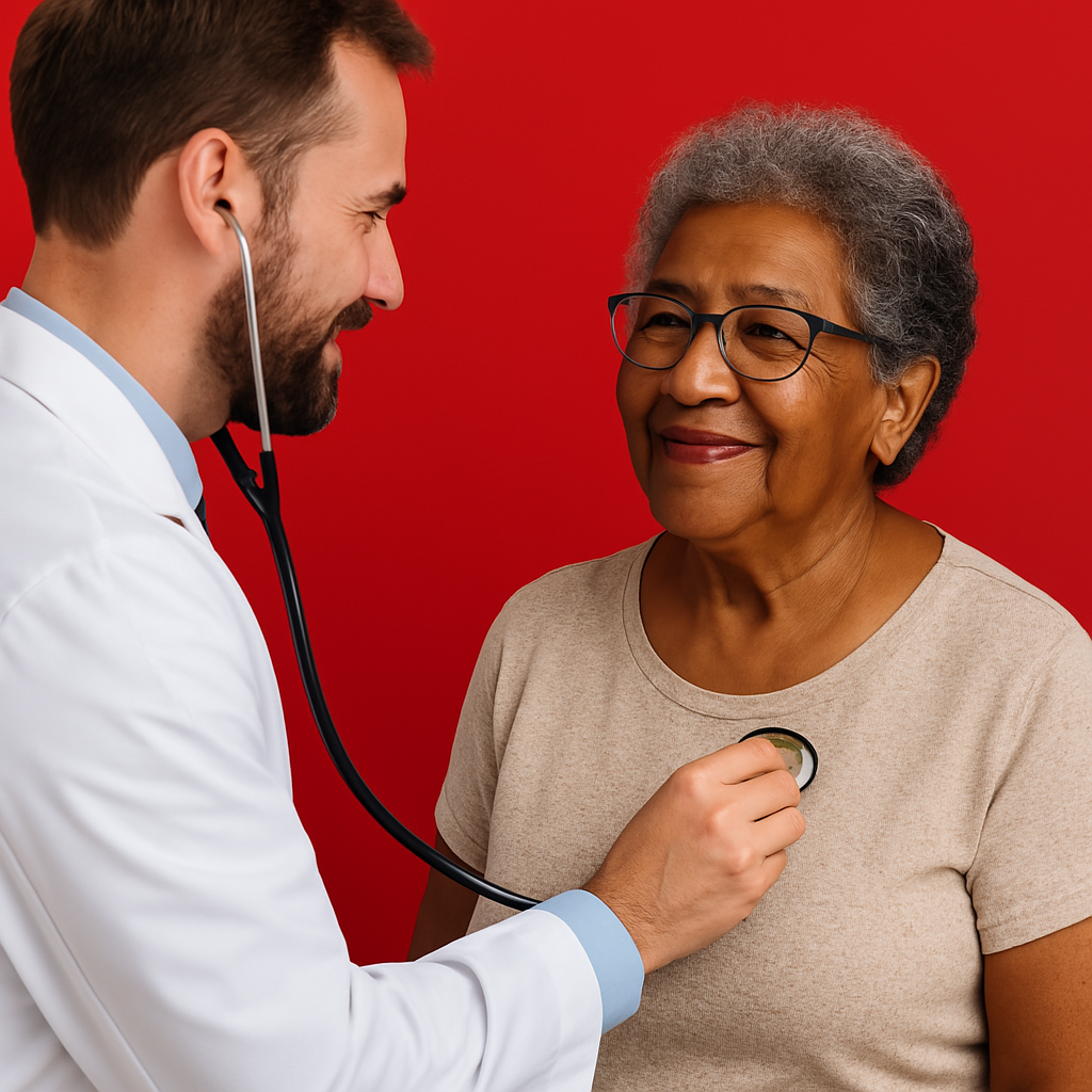 A doctor is listening to an older woman 's heart with a stethoscope.