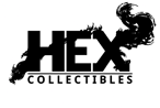 Het HEX Collectibles-logo in zwart-wit met een gestileerd zeshoek- en drakenontwerp.