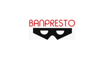 Het Banpresto-logo in rood boven een zwart, gestileerd maskericoon.
