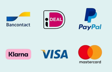 Betaallogo's van Bancontact, iDEAL, PayPal, Klarna, Visa en Mastercard op een mintgroene achtergrond.