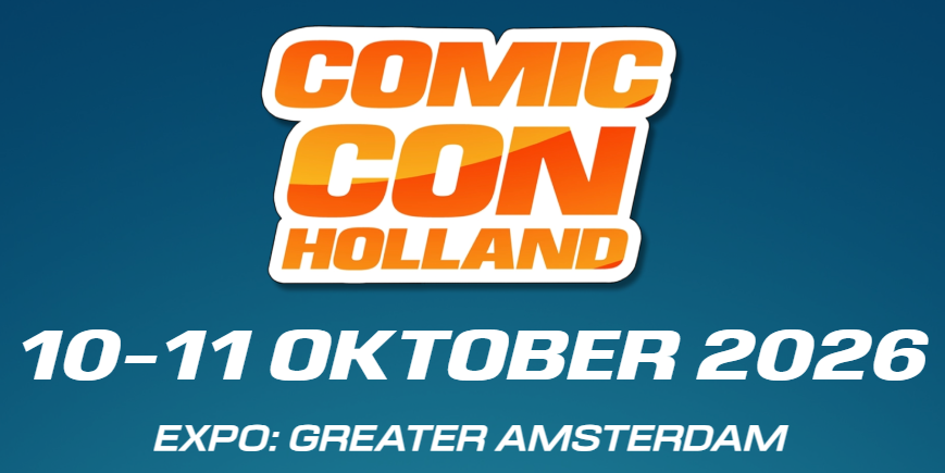 Het logo van Comic Con Holland op een blauwe achtergrond, met de data 10-11 oktober 2026 en Expo Greater Amsterdam.