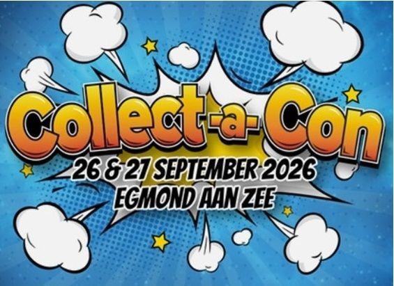 Collect-a-Con poster met wolken, sterren en data in stripstijl: 26 & 27 september 2026, Egmond aan Zee