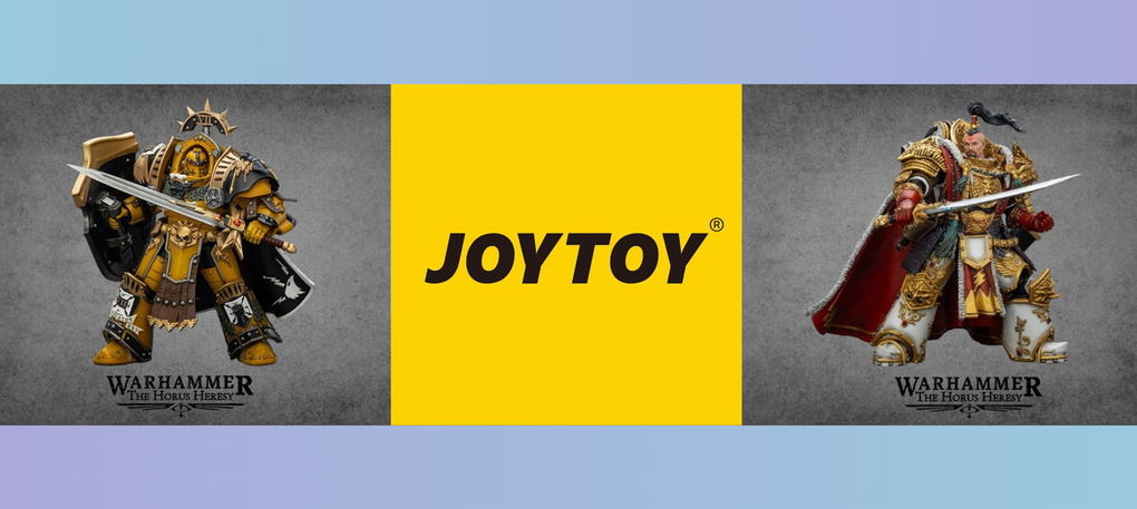 Het JOYTOY-logo is gecentreerd tussen twee Warhammer-fantasiekrijgersfiguren op een grijze achtergrond.