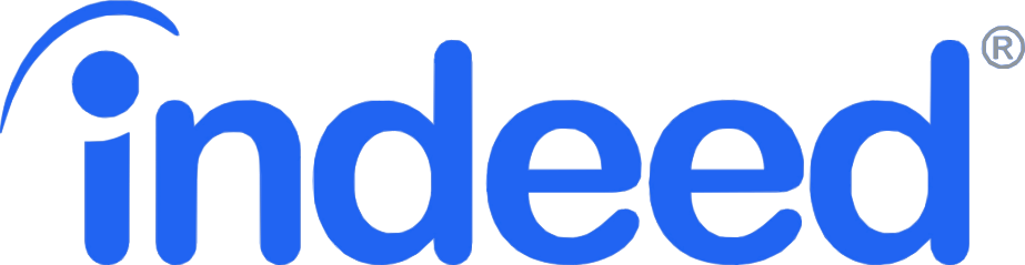 Indeed logo in blue with a curved line and dot above the