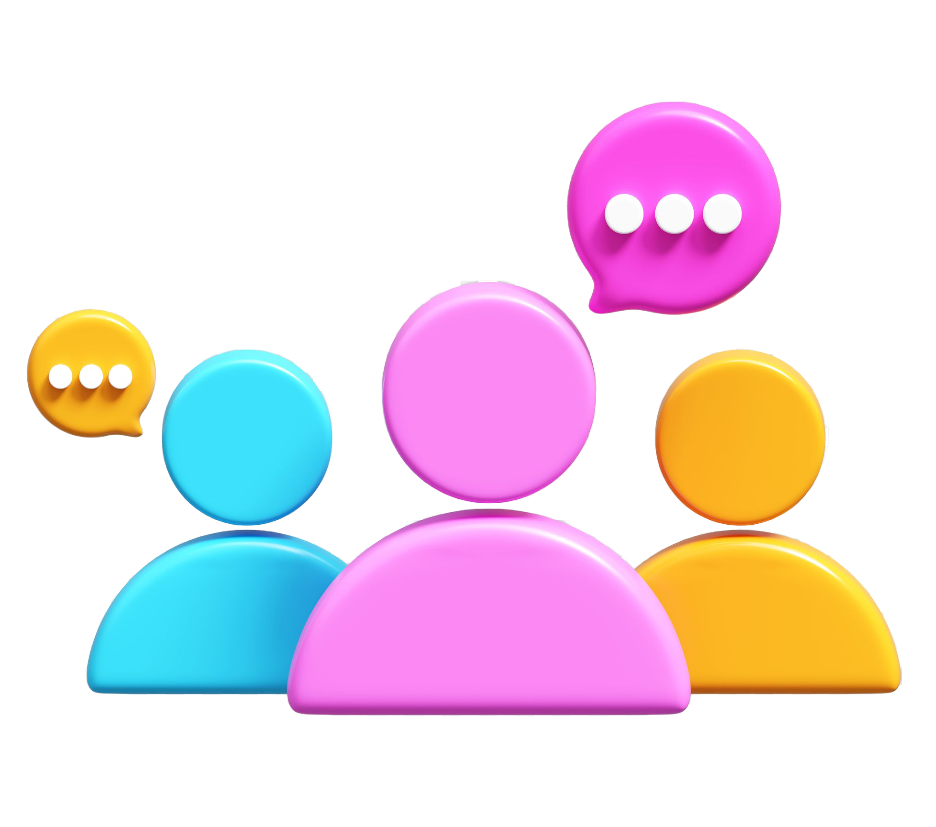 Three stylized figures with speech bubbles, discussing an idea.