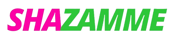 SHAZAMIME logo in pink and green.