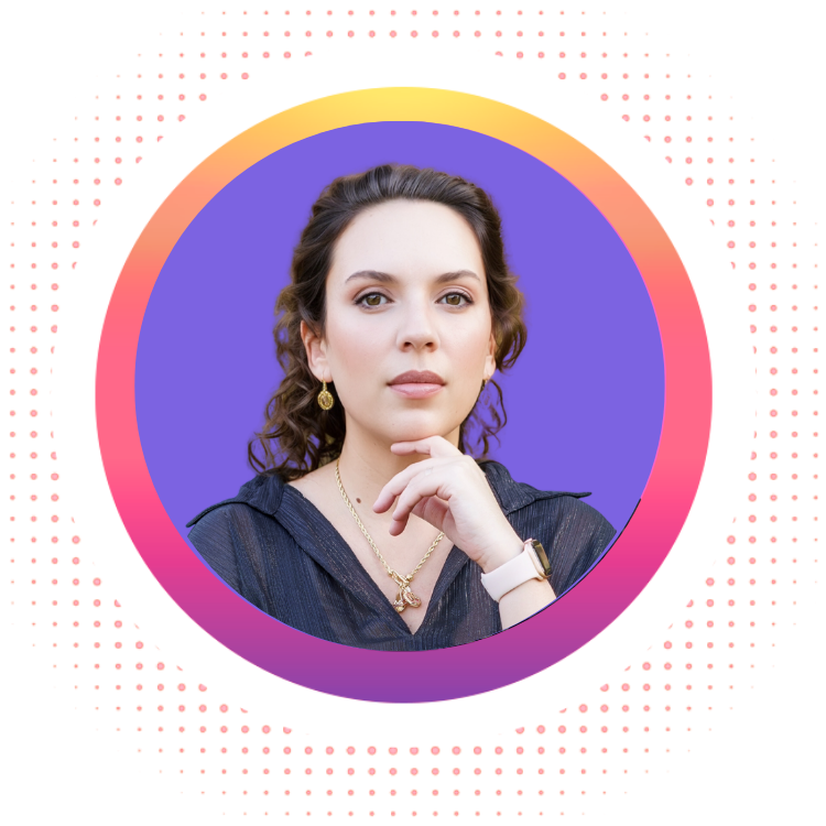 Woman with hand on chin, wearing a black shirt, earrings, and watch, in a purple and pink circle.