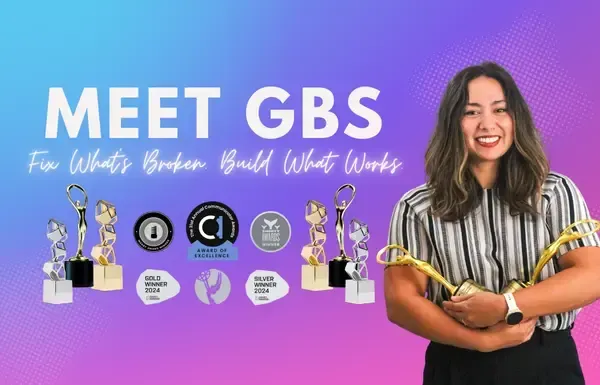 Woman holding awards and text 