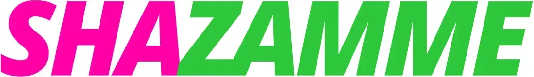 SHAZAMME text in pink and green.